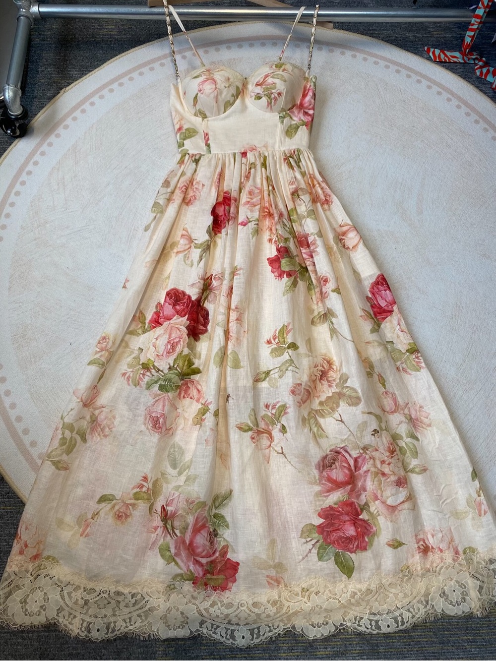 Zimmermann Peach Floral Lace-Trim Midi Dress - Picture 2 of 9